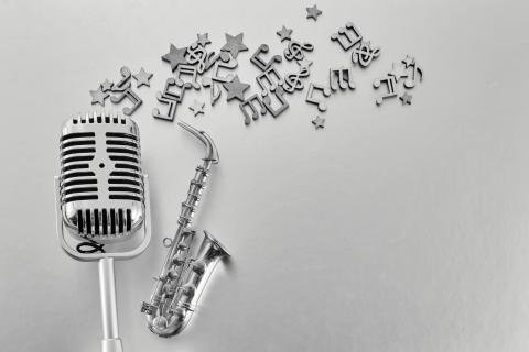Microphone, saxophone, and music notes