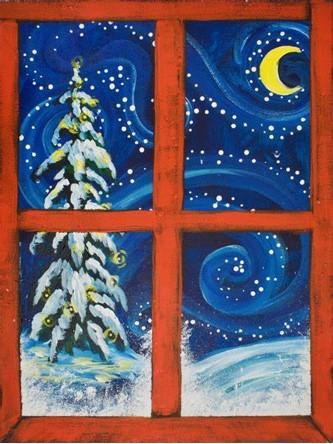 Wintry night painting on canvas.